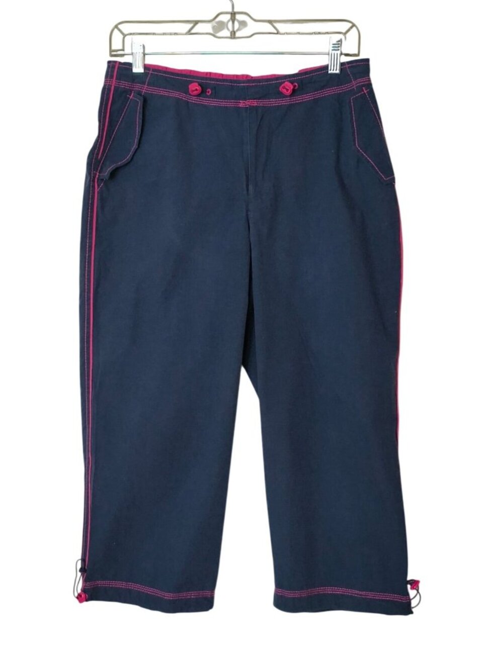 SJB womens M Sporty Capri Pants Navy Pink Trim Elastic Bungie Ankle Athleisure